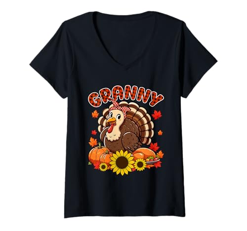 Damen Granny Thanksgiving Truthahn Fliege Herbst Kürbisse Floral T-Shirt mit V-Ausschnitt von Family Women Thanksgiving Costume