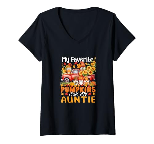 Damen My Favorite Pumpkins Call Me Auntie Thanksgiving Gnomes T-Shirt mit V-Ausschnitt von Family Women Thanksgiving Costume