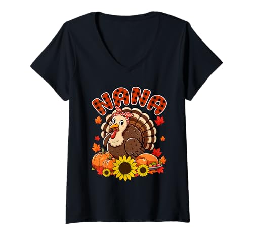 Damen Nana Thanksgiving Truthahn Fliege Herbst Kürbisse Floral T-Shirt mit V-Ausschnitt von Family Women Thanksgiving Costume