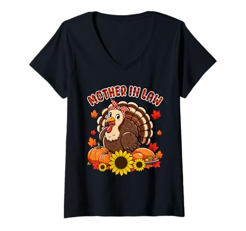Damen Schwiegermutter Thanksgiving Truthahn Fliege Herbst Kürbisse T-Shirt mit V-Ausschnitt von Family Women Thanksgiving Costume