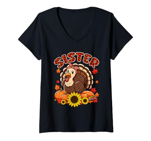 Damen Ssiter Thanksgiving Truthahn Fliege Herbst Kürbisse Floral T-Shirt mit V-Ausschnitt von Family Women Thanksgiving Costume