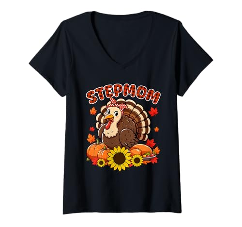 Damen Stepmom Thanksgiving Truthahn Fliege Herbst Kürbisse Floral T-Shirt mit V-Ausschnitt von Family Women Thanksgiving Costume