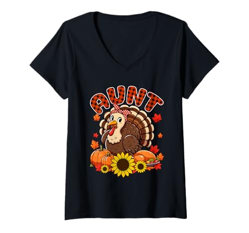 Damen Tante Thanksgiving Truthahn Fliege Herbst Kürbisse Floral T-Shirt mit V-Ausschnitt von Family Women Thanksgiving Costume