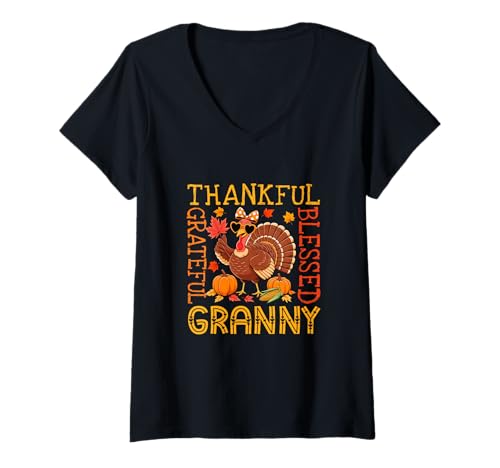 Damen Thankful Grateful Proud Blessed Granny Thanksgiving Turkey T-Shirt mit V-Ausschnitt von Family Women Thanksgiving Costume