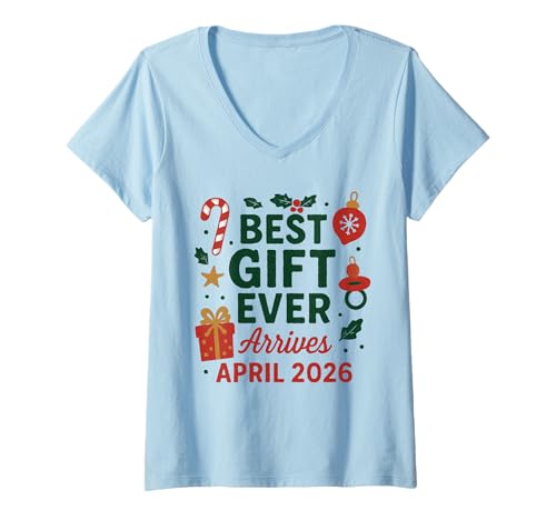 Damen Weihnachten Baby Ankündigung April 2026 Schwangerschaft Enthüllung T-Shirt mit V-Ausschnitt von Family for Mom or Dad Holiday Date Reveal 2026