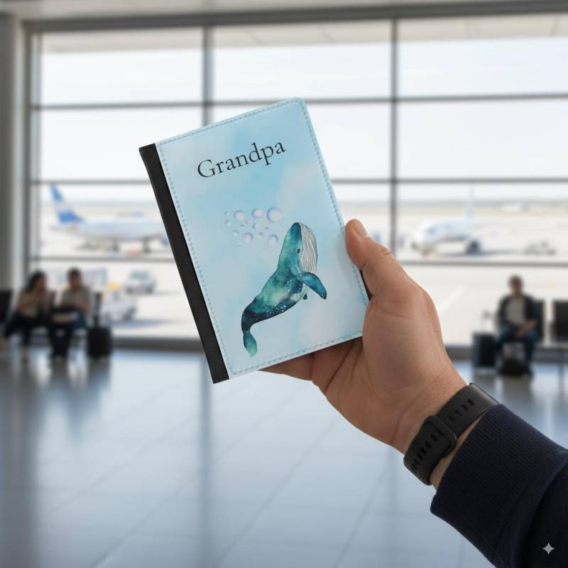 Personalized Passport Cover For Grandpa - Whale Design, Rfid Vegan Leather Travel Wallet, Birthday Or Father's Day Gift von FamilyTravelGear