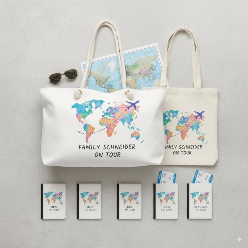 Personalized Travel Set - Custom Passport Cover, Tote Bag & Weekender With World Map Design, Gift For Family Vacations von FamilyTravelGear