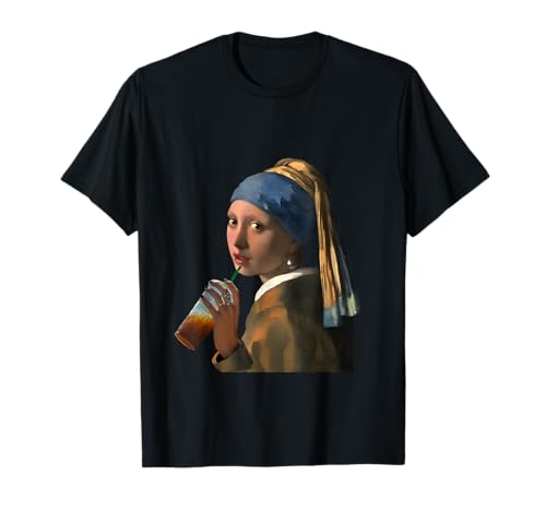 Famous Painting Girl with a Pearl Earring Vermeer Damen T-Shirt Schwarz Kunst Perle Klassisch Unisex Klein EU S Pull-On 0 Count 1 Count Frühling Sommer von Famous Painting Girl with a Pearl Earring Vermeer