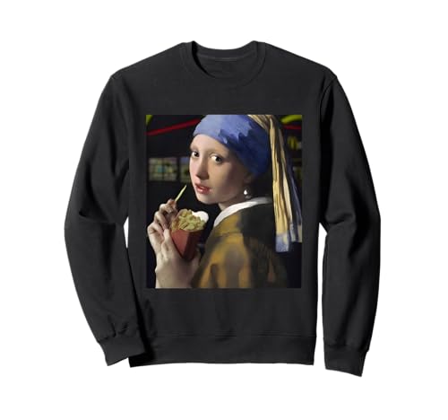 Vermeer Mädchen mit Perlenohrring isst Pommes Frites Sweatshirt von Famous Painting Girl with a Pearl Earring Vermeer