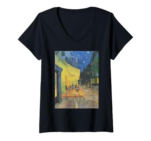 Damen Café-Terrasse bei Nacht von Vincent Van Gogh T-Shirt mit V-Ausschnitt Damen Café-Terrasse bei Nacht von Vincent Van Gogh T-Shirt mit V-Ausschnitt von Famous Painting Starry Night by Vincent van Gogh