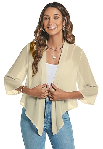 Famrrifuu Bolero Damen Chiffon Festlich Schulterjacke 3/4 Ärmel Elegant Kurze Cardigan Leichte Bolerojacke,Aprikose,M von Famrrifuu
