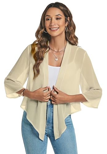 Famrrifuu Bolero Damen Chiffon Festlich Schulterjacke 3/4 Ärmel Elegant Kurze Cardigan Leichte Bolerojacke,Aprikose,S von Famrrifuu