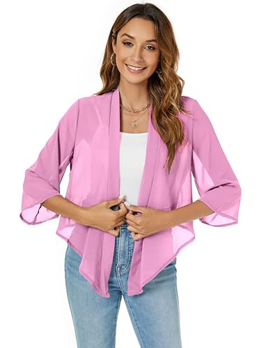Famrrifuu Bolero Damen Chiffon Festlich Schulterjacke 3/4 Ärmel Elegant Kurze Cardigan Leichte Dünn Bolerojacke,Rosa,L von Famrrifuu