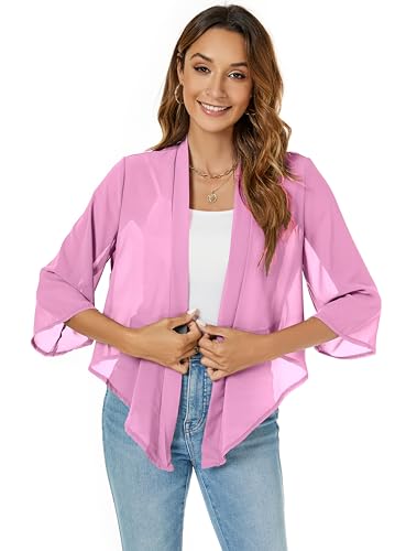 Famrrifuu Bolero Damen Chiffon Festlich Schulterjacke 3/4 Ärmel Elegant Kurze Cardigan Leichte Dünn Bolerojacke,Rosa,M von Famrrifuu