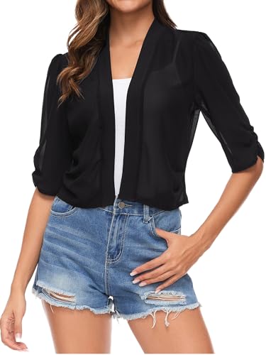 Famrrifuu Bolero Damen Chiffon Festlich Schulterjacke Halbarm Elegant Kurze Cardigan Leichte Bolerojacke,Schwarz,XL von Famrrifuu