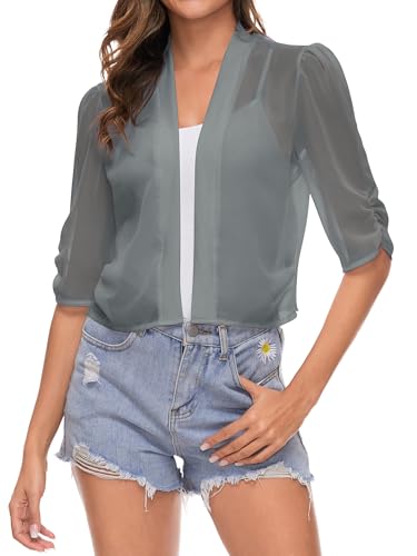 Famrrifuu Bolero Damen Chiffon Festlich Schulterjacke Halbarm Elegant Kurze Cardigan Leichte Dünn Bolerojacke,Grau,M von Famrrifuu