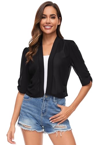 Famrrifuu Bolero Damen Chiffon Festlich Schulterjacke Halbarm Elegant Kurze Cardigan Leichte Dünn Bolerojacke,Schwarz,M von Famrrifuu