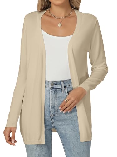 Famrrifuu Cardigan für Damen Lang Leichte Strickjacke Elegante Langarm Offene Front Lässige Sommerjacke, Aprikose, M von Famrrifuu