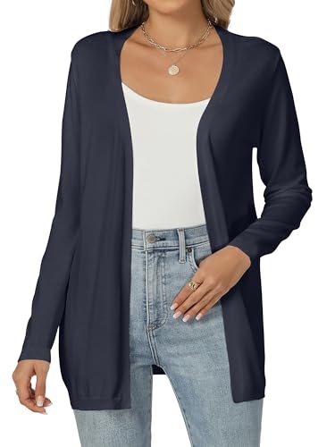 Famrrifuu Cardigan für Damen Lang Leichte Strickjacke Elegante Langarm Offene Front Lässige Sommerjacke, Blau, L von Famrrifuu