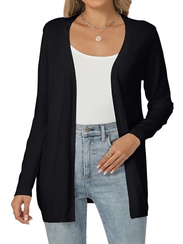 Famrrifuu Cardigan für Damen Lang Leichte Strickjacke Elegante Langarm Offene Front Lässige Sommerjacke, Schwarz, XL von Famrrifuu