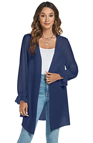 Famrrifuu Chiffon Cardigan Damen Lang Sommer Strickjacke Langarm Sommerjacken Strand Cover up Elegant Kimono Cardigan,Navy,M von Famrrifuu