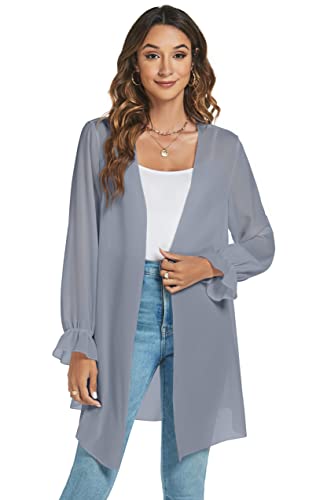 Famrrifuu Chiffon Cardigan Damen Lang Sommer Strickjacke Leichte Langarm Strand Cover up Elegant Kimono Cardigan,Grau,L von Famrrifuu