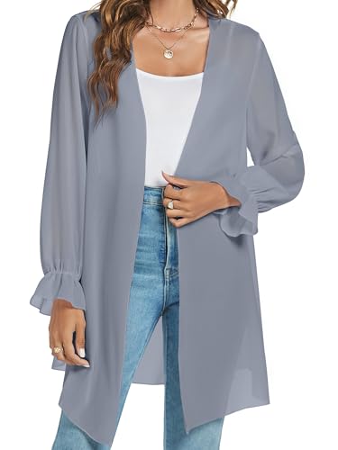 Famrrifuu Chiffon Cardigan Damen Lang Sommer Strickjacke Leichte Langarm Strand Cover up Elegant Kimono Cardigan,Grau,M von Famrrifuu