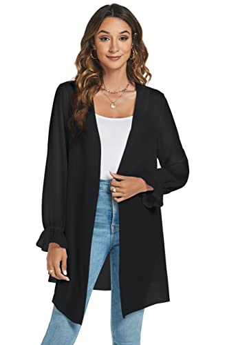 Famrrifuu Chiffon Cardigan Damen Lang Sommer Strickjacke Leichte Langarm Strand Cover up Elegant Kimono Cardigan,Schwarz,L von Famrrifuu