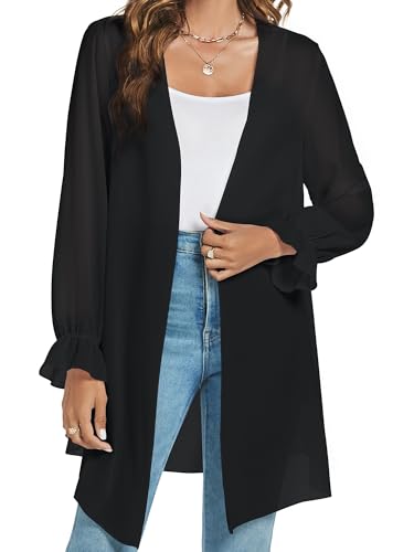 Famrrifuu Chiffon Cardigan Damen Lang Sommer Strickjacke Leichte Langarm Strand Cover up Elegant Kimono Cardigan,Schwarz,S von Famrrifuu
