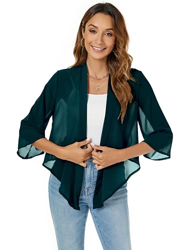 Famrrifuu Damen Bolero Chiffon Schulterjacke 3/4 Ärmel Elegant Kurze Cardigan Leichte Bolerojacke Festlich,Grün,L von Famrrifuu