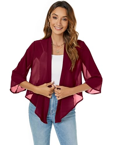 Famrrifuu Damen Bolero Chiffon Schulterjacke 3/4 Ärmel Elegant Kurze Cardigan Leichte Bolerojacke Festlich,Weinrot,S von Famrrifuu