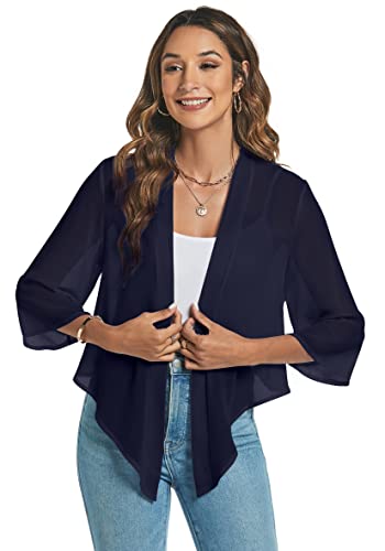 Famrrifuu Damen Bolero Chiffon Schulterjacke 3/4 Ärmel Elegant Kurze Cardigan Leichte Dünn Bolerojacke Casual,Navy,S von Famrrifuu