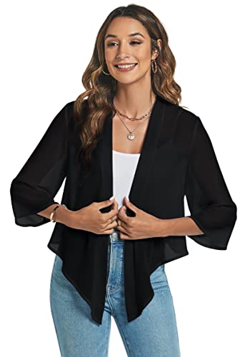 Famrrifuu Damen Bolero Chiffon Schulterjacke 3/4 Ärmel Elegant Kurze Cardigan Leichte Dünn Bolerojacke Casual,Schwarz,S von Famrrifuu