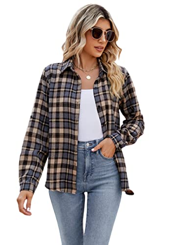 Famrrifuu Damen Kariertes Hemd Klassisch Karohemd Flanell Bluse Langarm Knopfleiste Baumwolle Hemd Bluse Casual Weich Shirt,Grau,XL von Famrrifuu