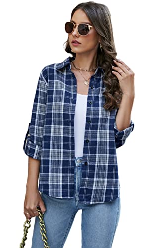 Famrrifuu Damen Kariertes Hemd Klassisch Karohemd Flanell Bluse Langarm Knopfleiste Baumwolle Hemd Bluse Casual Weich Shirt,Dunkelblau,L von Famrrifuu