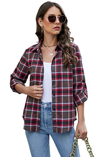 Famrrifuu Damen Kariertes Hemd Klassisch Karohemd Flanell Bluse Langarm Knopfleiste Baumwolle Hemd Bluse Casual Weich Shirt,Rot Kaffee,XXL von Famrrifuu