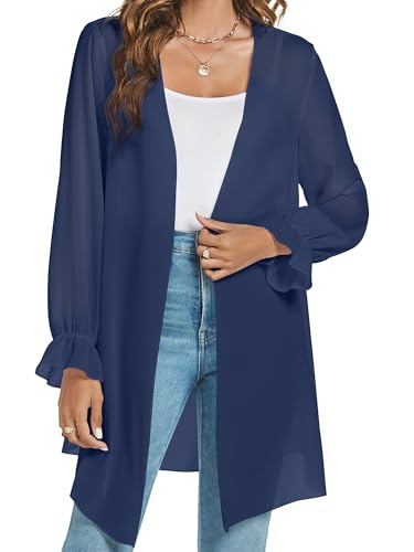 Famrrifuu Chiffon Cardigan Damen Lang Sommer Strickjacke Langarm Sommerjacken Strand Cover up Elegant Kimono Cardigan,Navy,XL von Famrrifuu