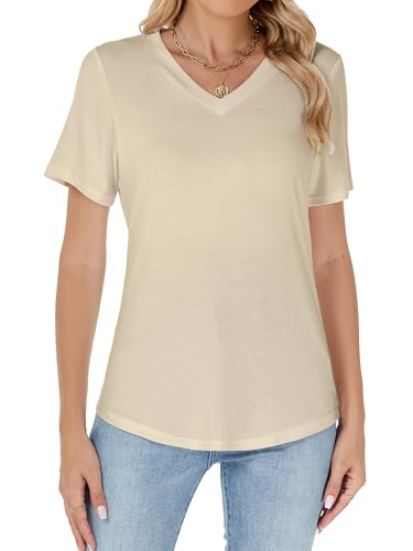Famrrifuu Damen Kurzarm Shirts mit V Ausschnitt Loose Oberteile Sommer Basic Stretch Einfarbige T-Shirt, Aprikose, M von Famrrifuu