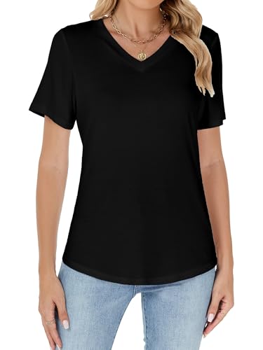 Famrrifuu Damen Kurzarm Shirts mit V Ausschnitt Loose Oberteile Sommer Basic Stretch Einfarbige T-Shirt, Schwarz, XXL von Famrrifuu