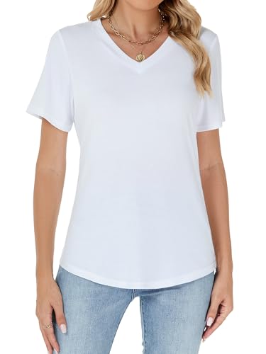 Famrrifuu Damen Kurzarm Shirts mit V Ausschnitt Loose Oberteile Sommer Basic Stretch Einfarbige T-Shirt, Weiß, XXL von Famrrifuu