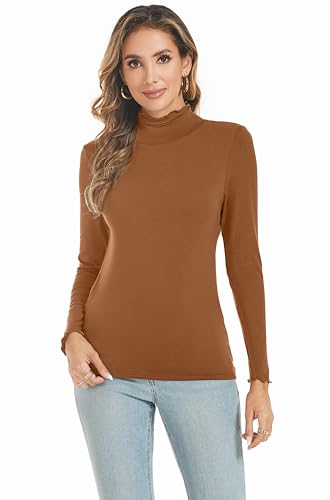 Famrrifuu Damen Rollkragenshirt Langarm Casual Oberteile Top Stretch Basic T-Shirt Slim Fit Langarmshirt,Braun,L von Famrrifuu