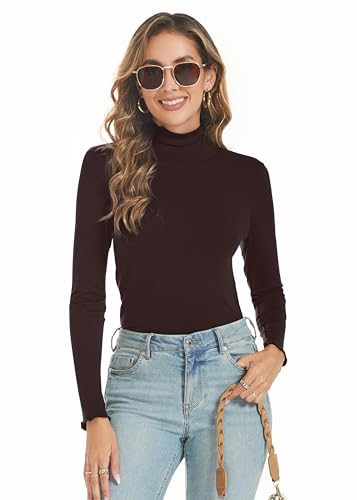 Famrrifuu Damen Rollkragenshirt Langarm Casual Oberteile Top Stretch Basic T-Shirt Slim Fit Langarmshirt,Kaffee,L von Famrrifuu