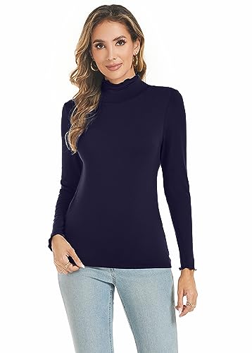 Famrrifuu Damen Rollkragenshirt Langarm Casual Oberteile Top Stretch Basic T-Shirt Slim Fit Langarmshirt,Navy,L von Famrrifuu