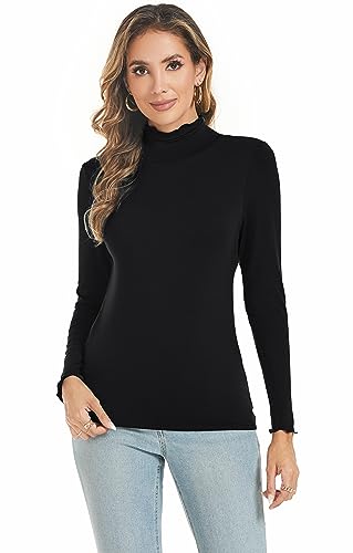 Famrrifuu Damen Rollkragenshirt Langarm Casual Oberteile Top Stretch Basic T-Shirt Slim Fit Langarmshirt,Schwarz,L von Famrrifuu