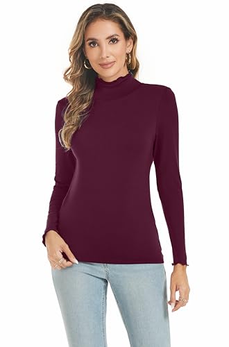 Famrrifuu Damen Rollkragenshirt Langarm Casual Oberteile Top Stretch Basic T-Shirt Slim Fit Langarmshirt,Weinrot,L von Famrrifuu