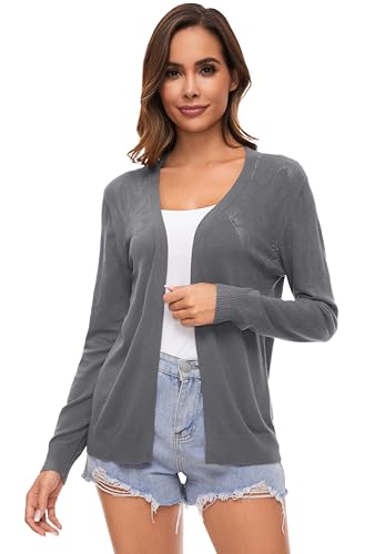 Famrrifuu Damen Strickjacke Elegant Cardigan Sommer Leichte Jacke Langarm Casual Sommerjacke,Grau,M von Famrrifuu