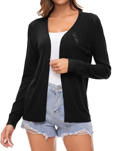 Famrrifuu Damen Strickjacke Elegant Cardigan Sommer Leichte Jacke Langarm Casual Sommerjacke,Schwarz,M von Famrrifuu
