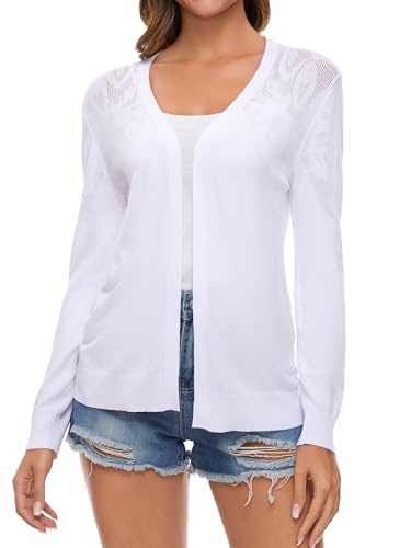 Famrrifuu Damen Strickjacke Elegant Cardigan Sommer Leichte Jacke Langarm Casual Sommerjacke,Weiß,S von Famrrifuu