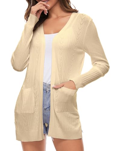 Famrrifuu Damen Strickjacke Lang Cardigan Sommer Leichte Jacke Casual Langarm Elegant Sommerjacke mit Tasche,Aprikose,S von Famrrifuu