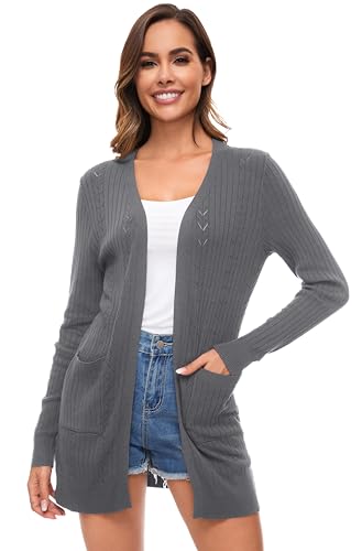 Famrrifuu Damen Strickjacke Lang Cardigan Sommer Leichte Jacke Casual Langarm Elegant Sommerjacke mit Tasche,Grau,M von Famrrifuu